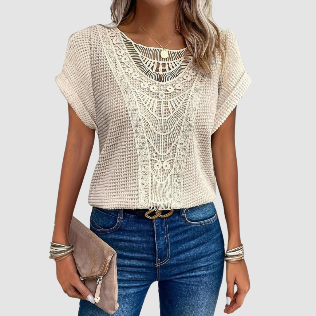 Beige lace crochet top with scalloped yoke and short batwing sleeves