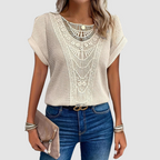 Beige lace crochet top with scalloped yoke and short batwing sleeves