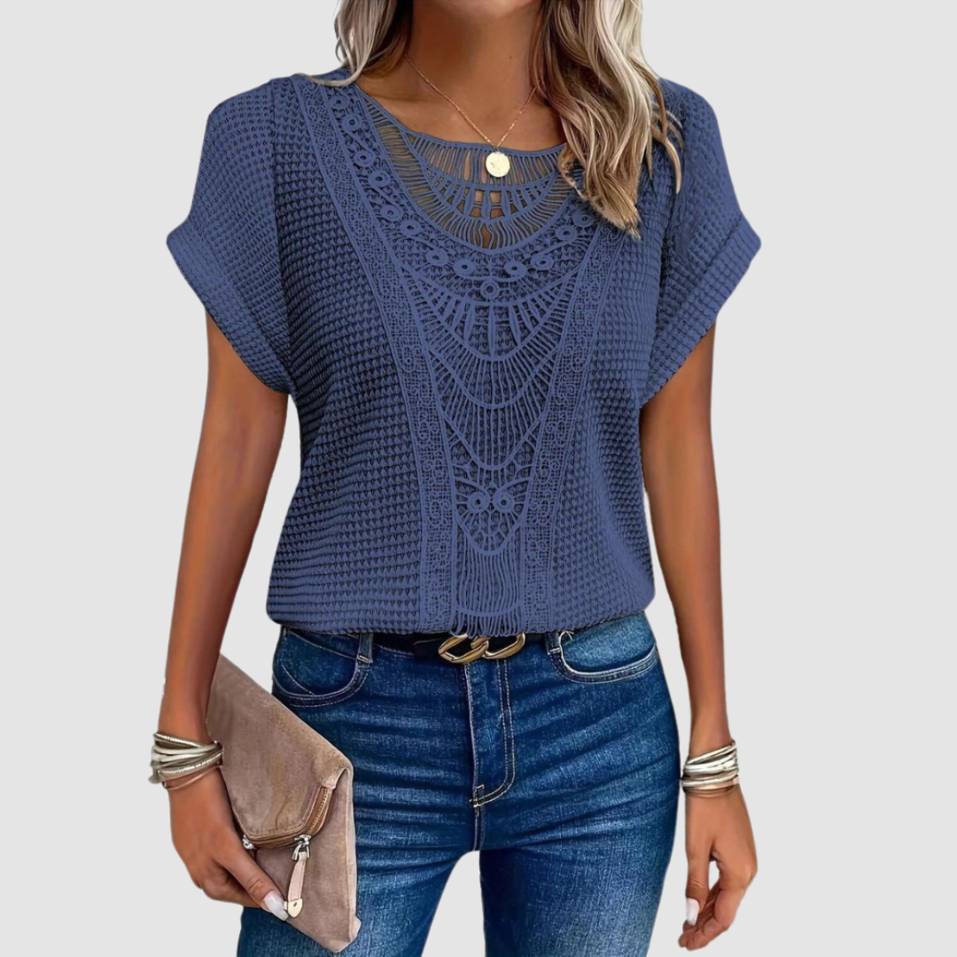 Dark blue lace crochet top with geometric yoke and short batwing sleeves
