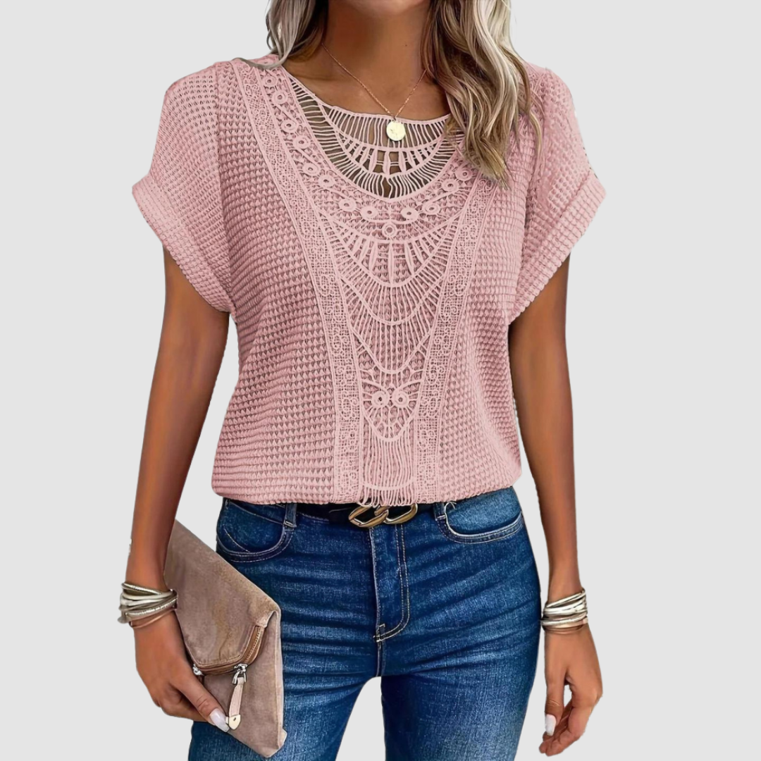 Pink lace crochet top with scalloped yoke and short batwing sleeves