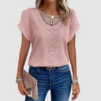 Pink lace crochet top with scalloped yoke and short batwing sleeves