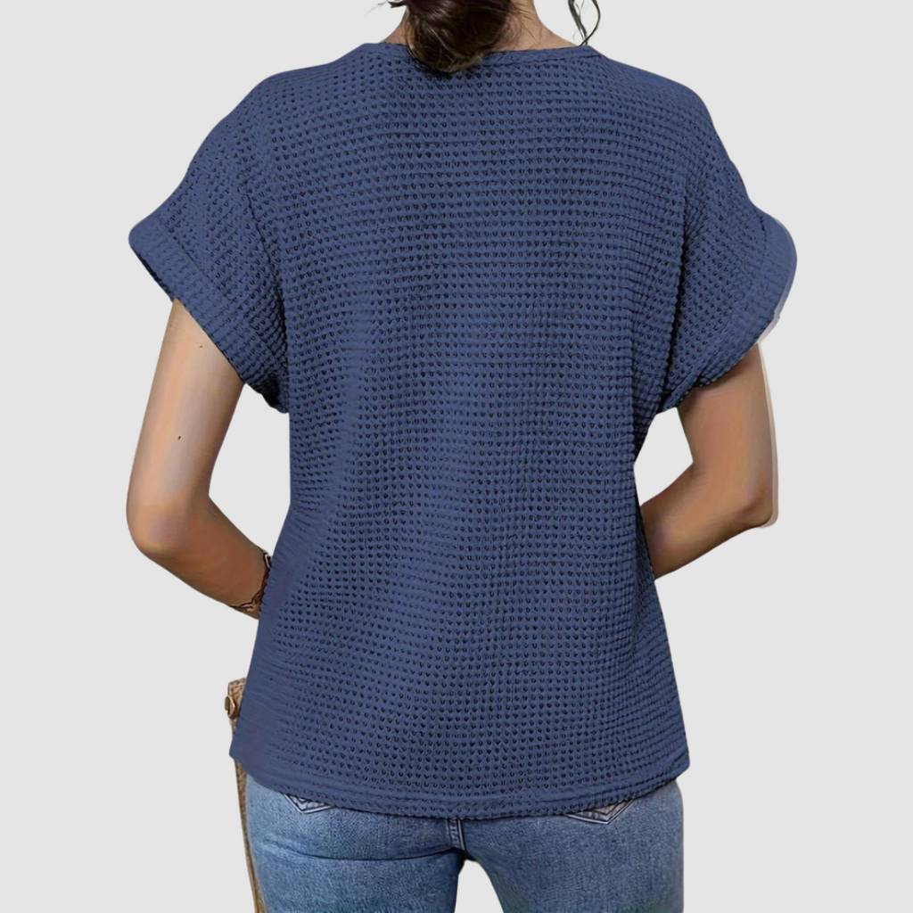 Dark blue lace crochet top, open-knit back with short batwing sleeves