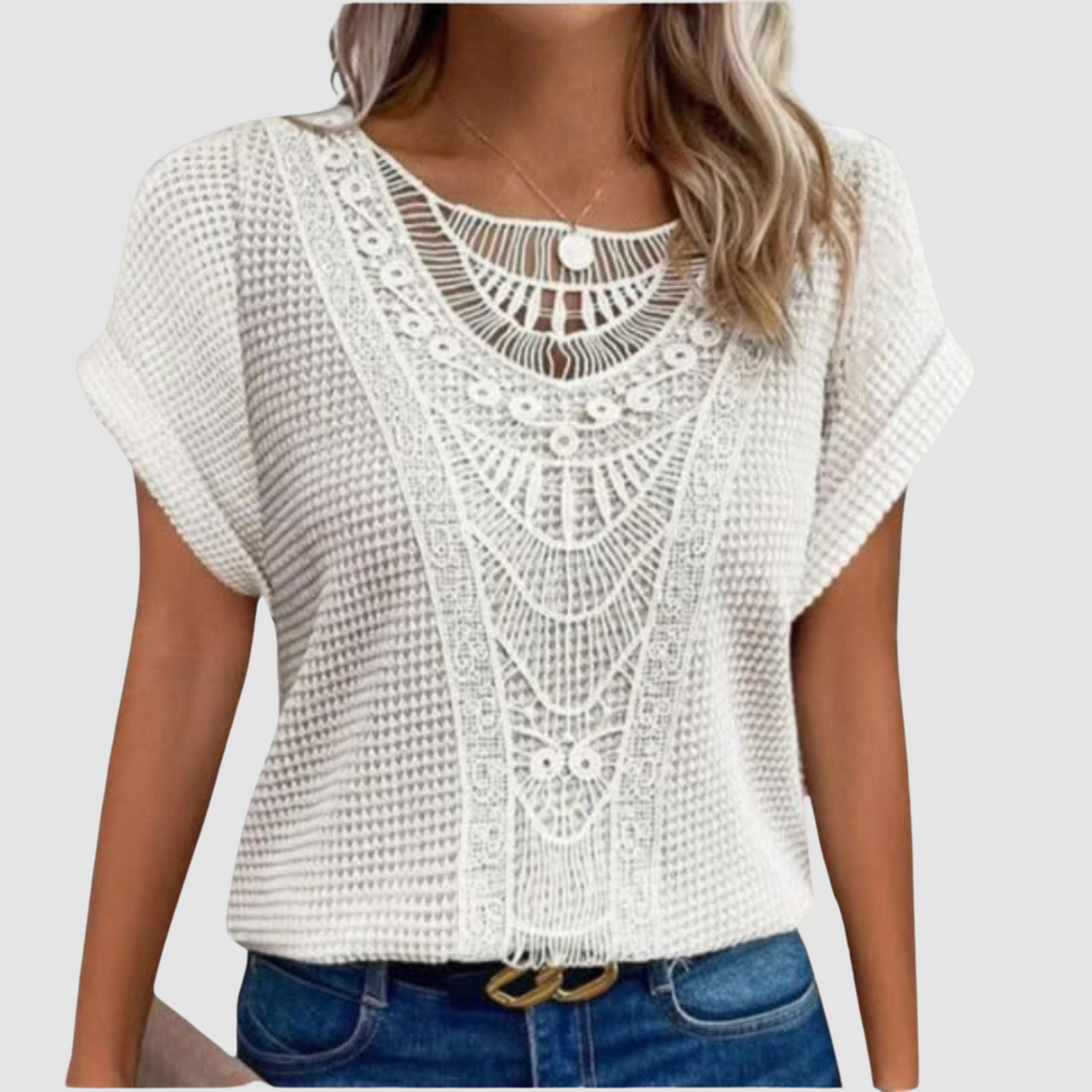 White lace crochet top with scalloped yoke and short batwing sleeves