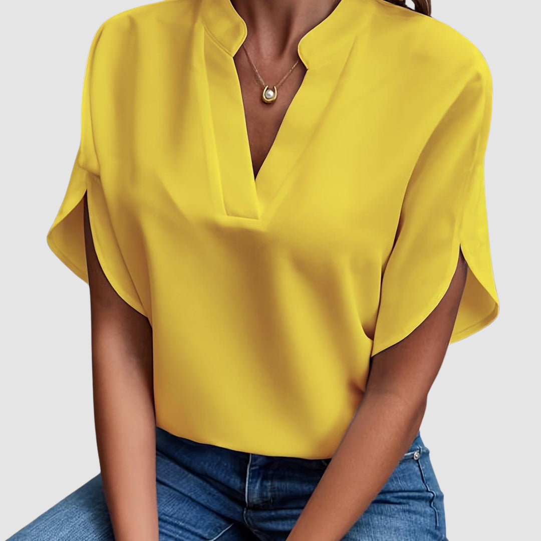 Elain™ draped blouse, yellow V-neck with relaxed cape sleeves