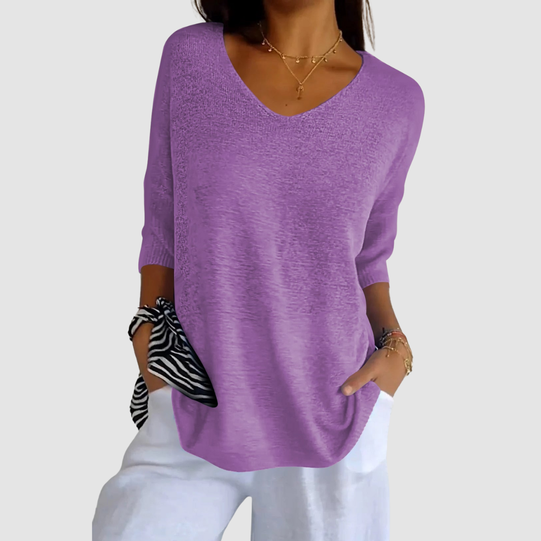 Purple knit v-neck top with three-quarter sleeves and soft draped fit.