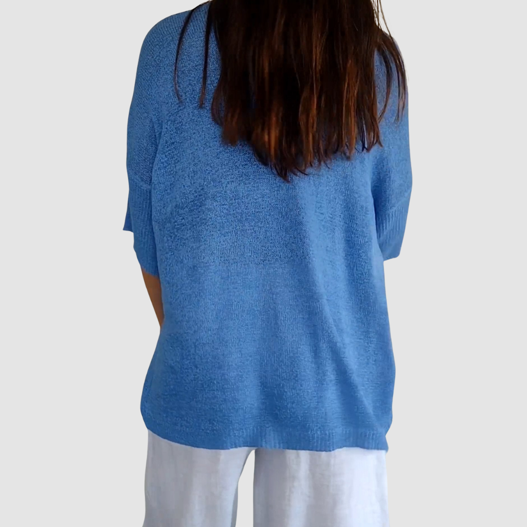Blue knit v-neck top, back view with three-quarter sleeves.