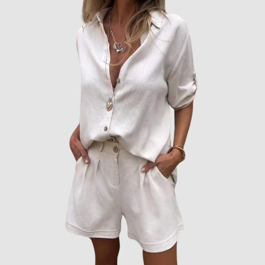Alba™ summer set in white: button-up shirt with matching pocketed shorts