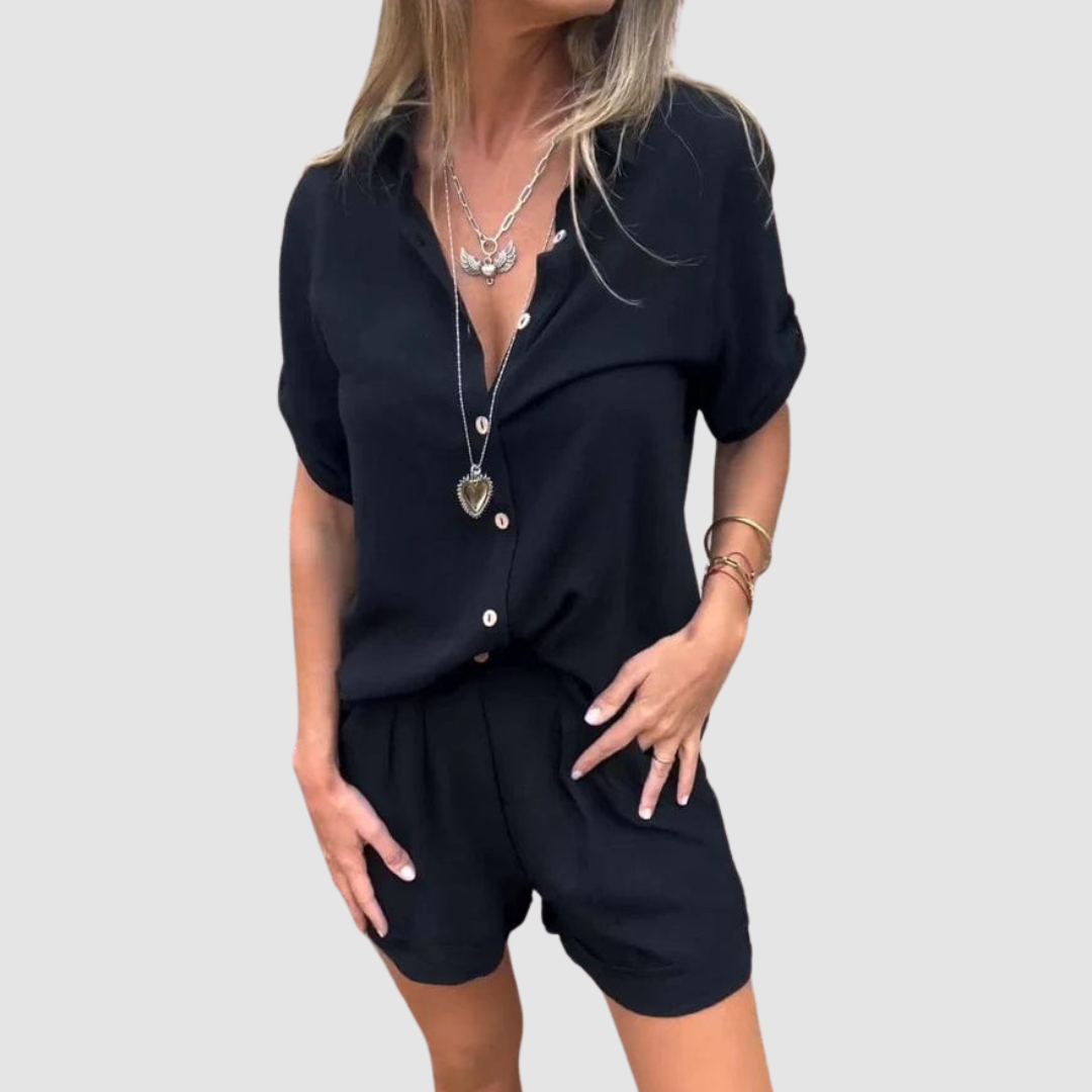 Alba™ summer set in black: button-up shirt with matching tailored shorts