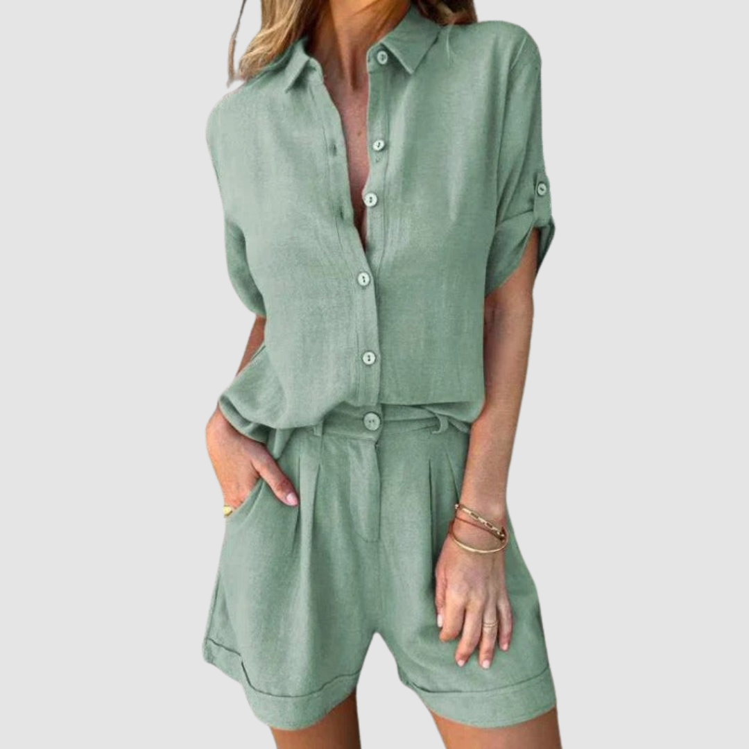 Alba™ summer set in green: button-up shirt with matching drawstring shorts