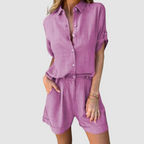 Alba™ summer set in purple: button-up shirt with matching belted shorts