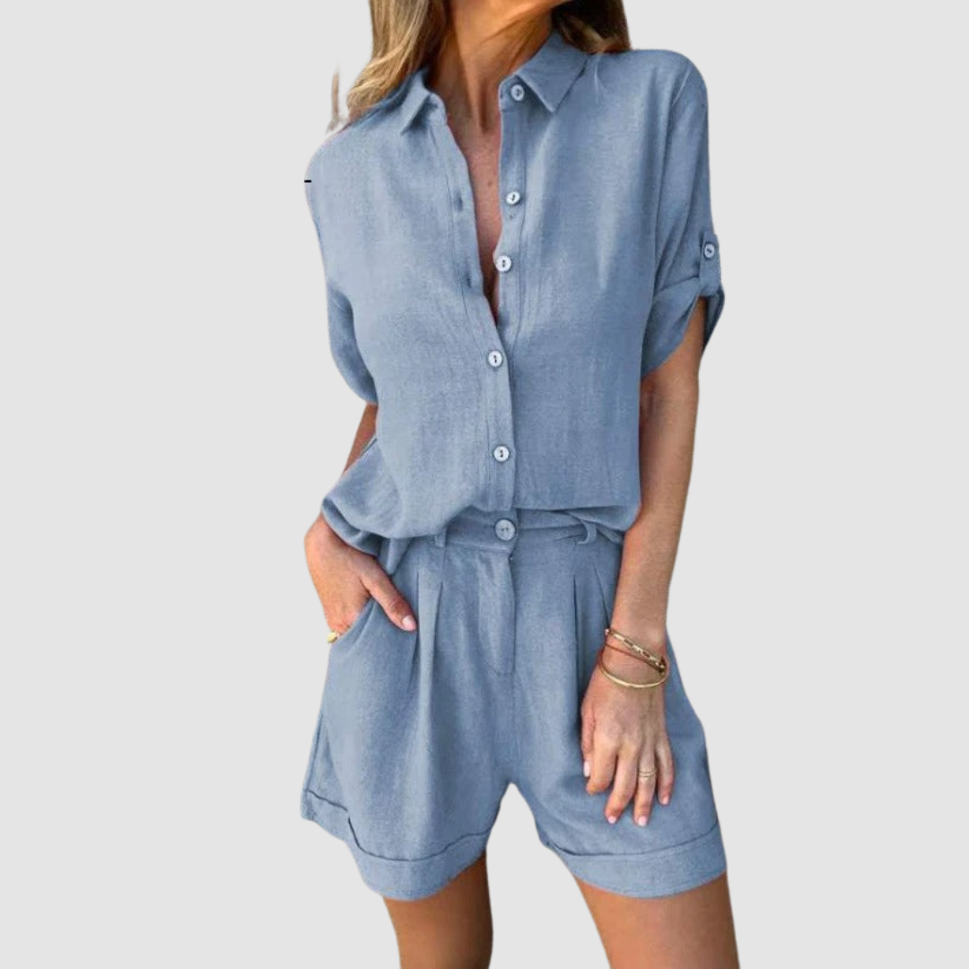 Alba™ summer set in blue: button-up shirt with matching elastic-waist shorts