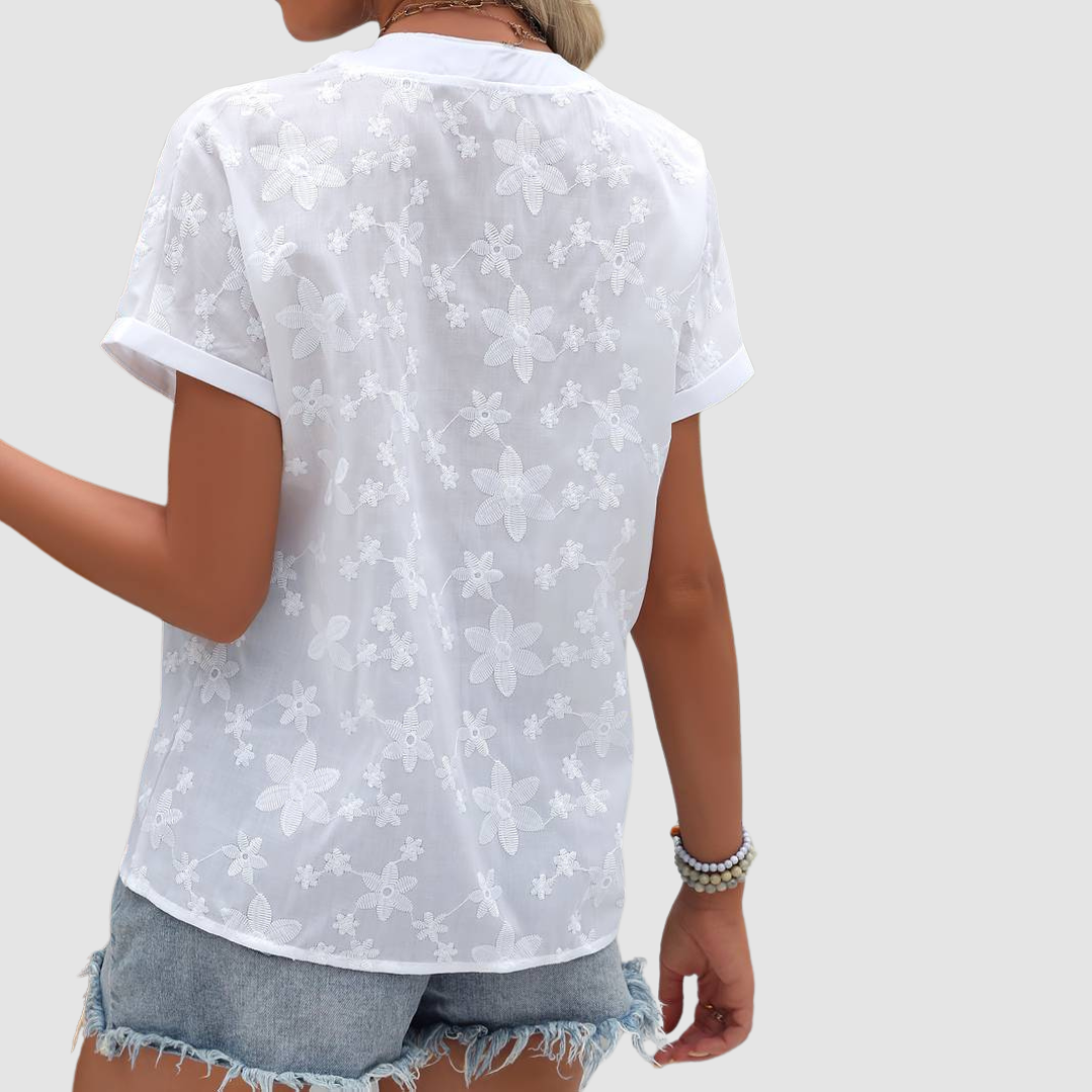 White loose-fit floral back view shirt with short sleeves
