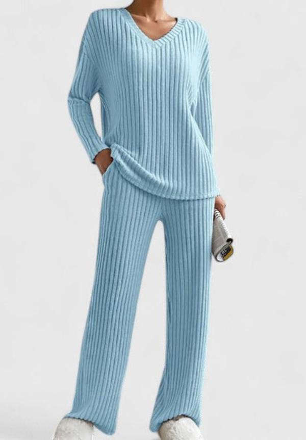 Sky blue ribbed knit V-neck long-sleeve top and wide-leg pants matching set