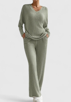 Olive green ribbed knit V-neck long-sleeve top and wide-leg pants matching set