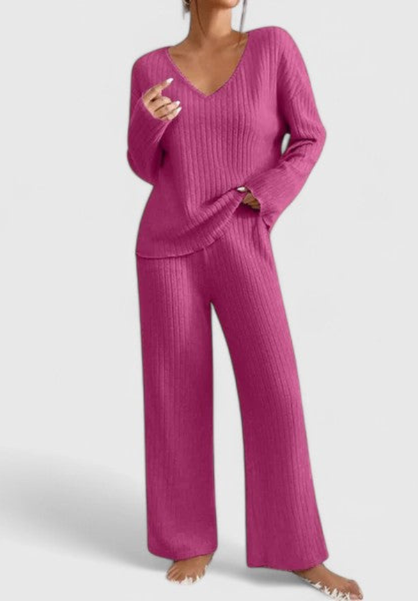 Pink ribbed knit V-neck long-sleeve top and wide-leg pants matching set