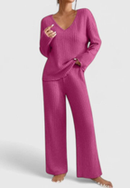Pink ribbed knit V-neck long-sleeve top and wide-leg pants matching set