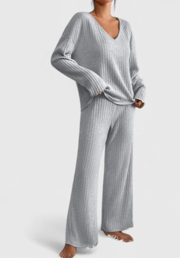 Gray ribbed knit V-neck long-sleeve top and wide-leg pants matching set