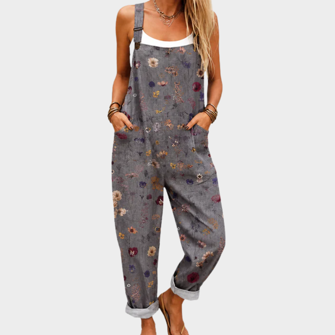 Printed jumpsuit with floral pattern, dark gray, adjustable straps, front pockets