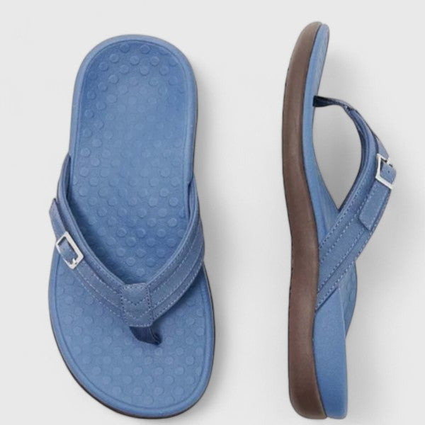 Blue orthopedic sandals with textured footbed and adjustable ankle strap