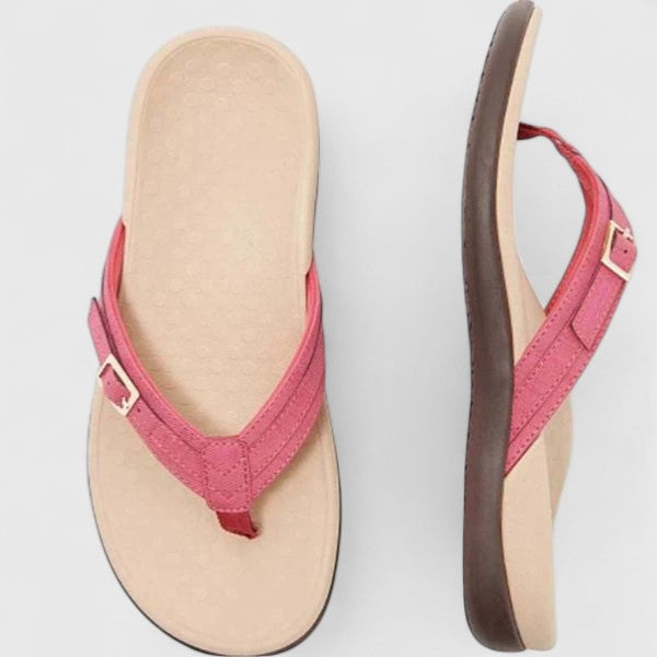 Magenta orthopedic sandals with textured footbed and adjustable ankle strap