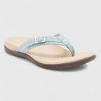 Light blue orthopedic sandals with wide thong strap and adjustable ankle strap