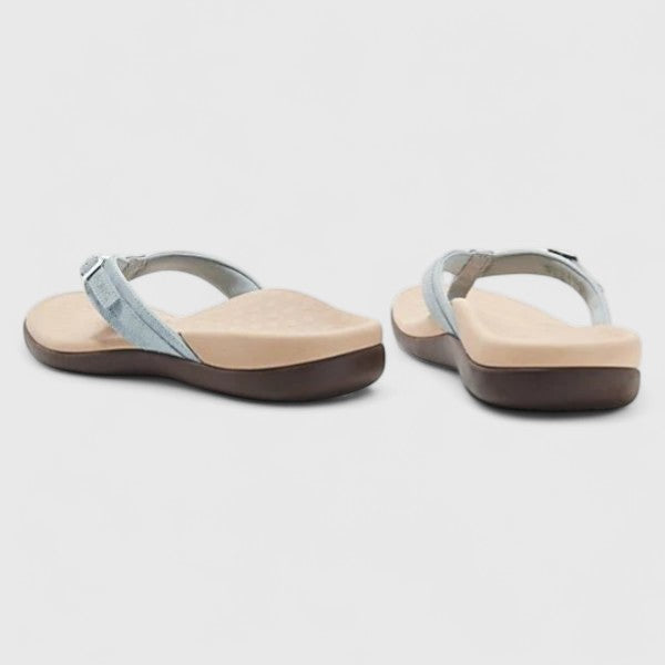 Light blue orthopedic thong sandals with adjustable ankle strap and brown sole