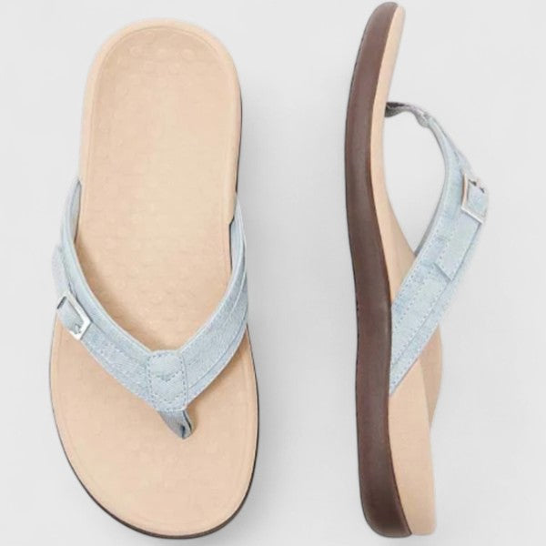 Light blue orthopedic sandals with textured footbed and adjustable ankle strap
