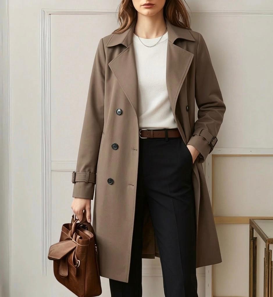 Khaki belted trench coat with buttoned cuffs and long sleeves