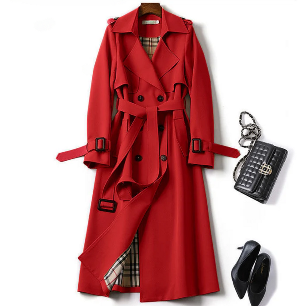 Berkley Lane Trench ™ coat in red with double-breasted front and waist belt