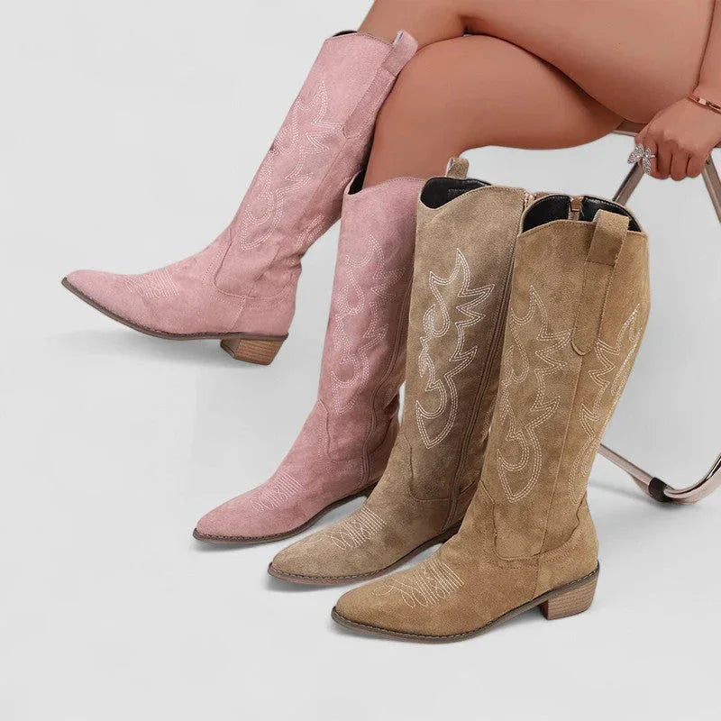 Orthopedic western boots, pink suede with embroidered patterns, low block heel