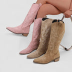Orthopedic western boots, pink suede with embroidered patterns, low block heel
