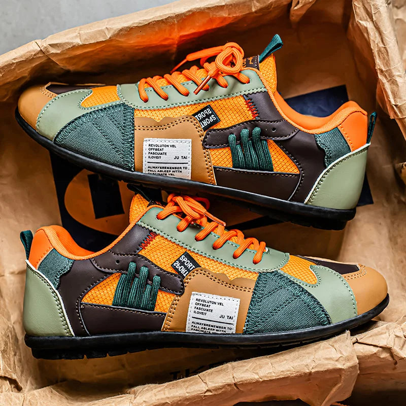 Retro sneakers in a box: orange, teal and green panels with orange lace-up