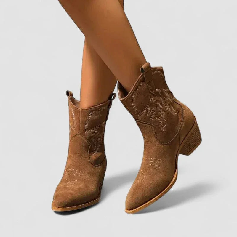 Brown suede western ankle boots with decorative stitching and pull-on panels