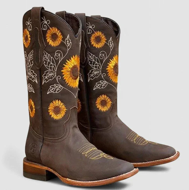 Dark brown western boots with sunflower embroidery, pointed toe, low block heel