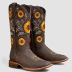 Dark brown western boots with sunflower embroidery, pointed toe, low block heel