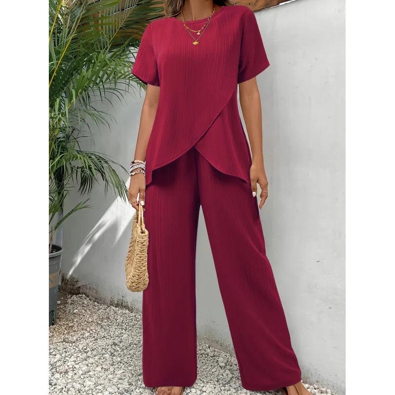 Red draped two-piece set: short-sleeve top and wide-leg pants