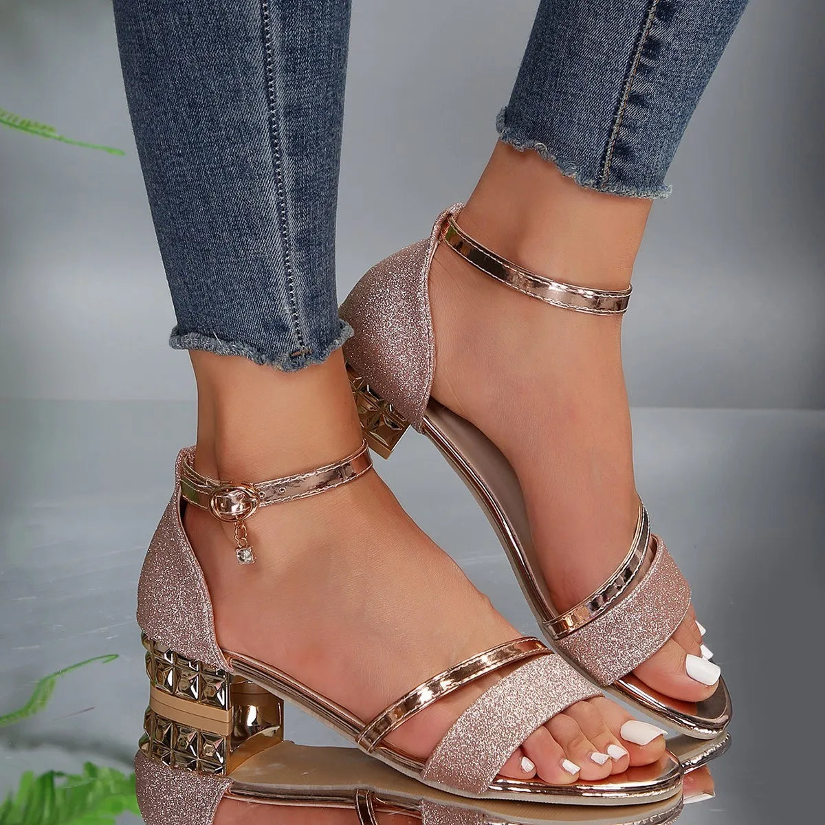 Rose gold orthopedic sandals with T-strap, ankle strap, and detailed block heel