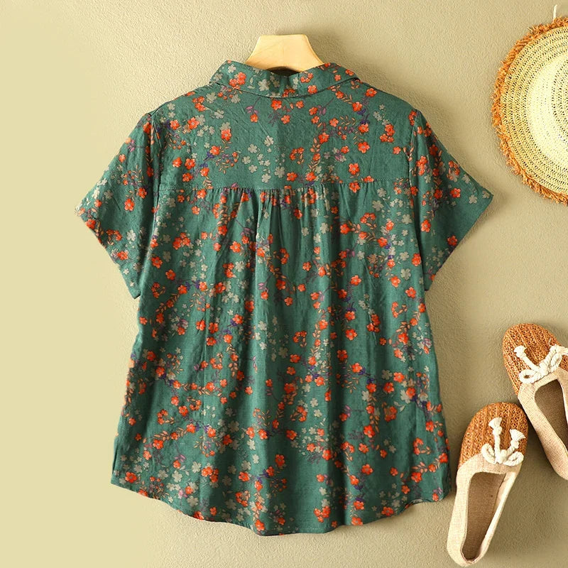 Green short-sleeve vintage floral summer shirt, back view with gathered yoke