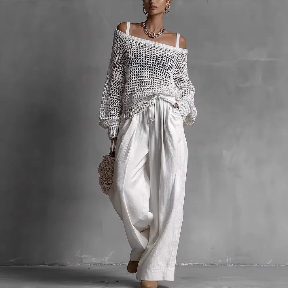 White off-shoulder crochet top with matching drawstring wide-leg pants set
