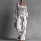 White off-shoulder crochet top with matching drawstring wide-leg pants set