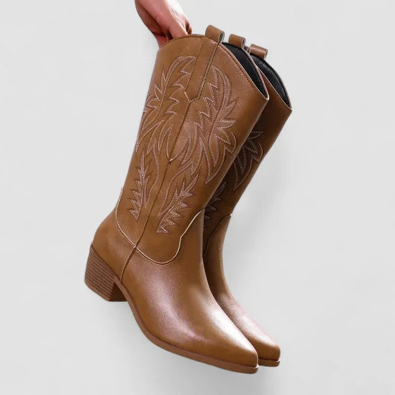 Brown orthopedic western boots with leaf embroidery on pull-on shafts and block heel