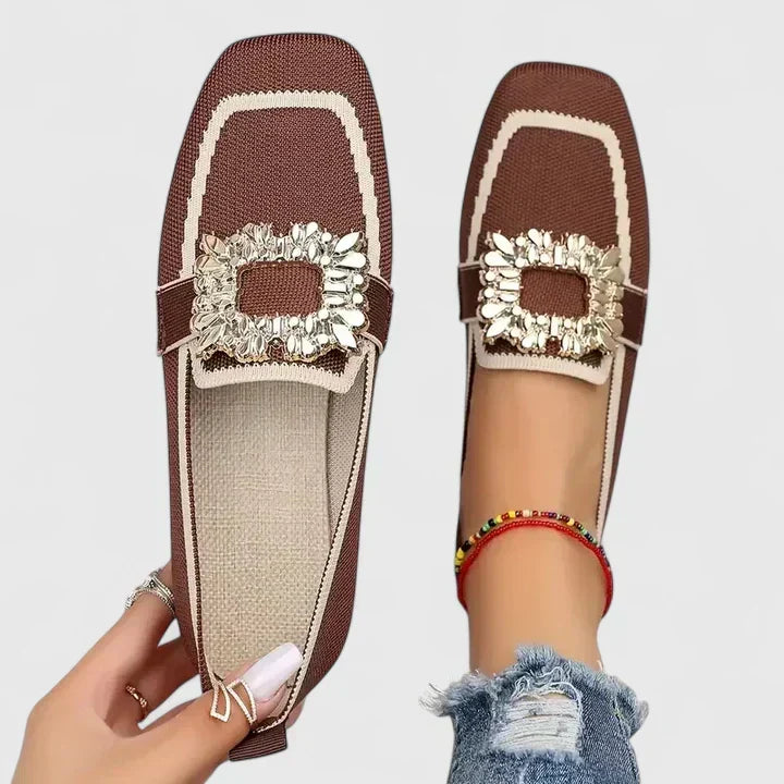 Comfort support loafer in brown with cream stripe and gold jeweled strap detail