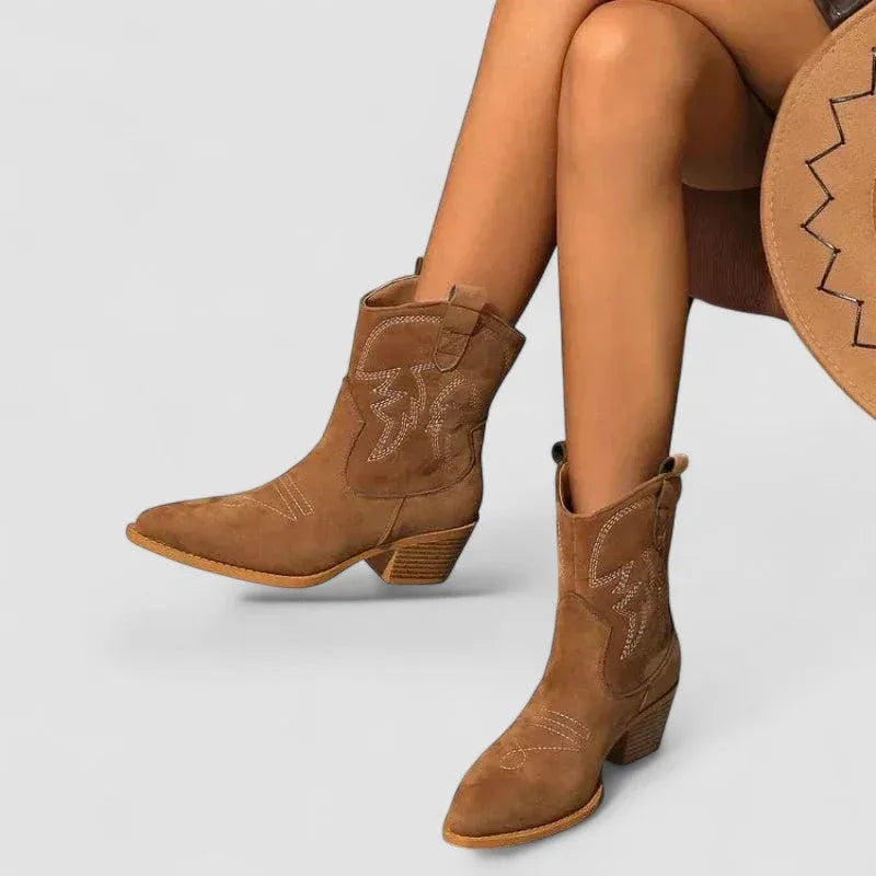 Pair of brown western ankle boots with stitched motif and stacked block heel