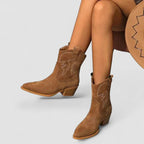 Pair of brown western ankle boots with stitched motif and stacked block heel
