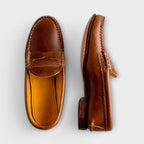Women's classic loafers, brown leather slip-on with stitched strap and low heel