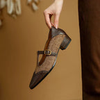 Vintage T-strap shoes, black leather sides with tan woven strap and gold buckle