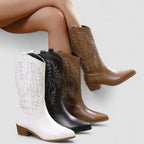 Orthopedic western boots in white, black, and brown with leaf-embroidered shafts