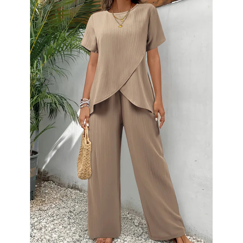Beige draped two-piece set: short-sleeve top and wide-leg pants