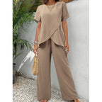 Beige draped two-piece set: short-sleeve top and wide-leg pants