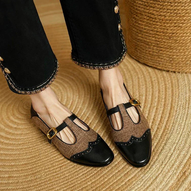 Vintage T-strap shoes, black leather with tan woven panel and gold buckle detail